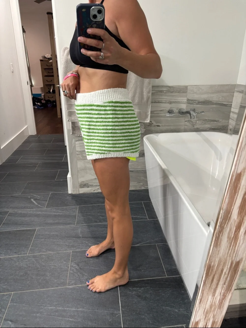 FP beach Orlanda green and white striped fuzzy knit shorts
